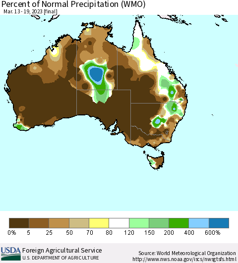 Australia Percent of Normal Precipitation (WMO) Thematic Map For 3/13/2023 - 3/19/2023