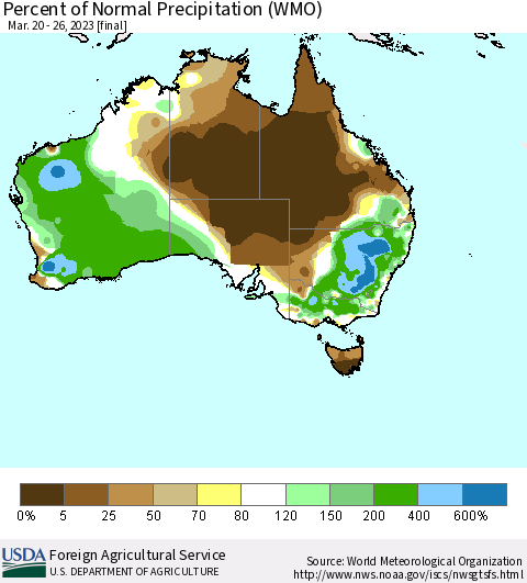 Australia Percent of Normal Precipitation (WMO) Thematic Map For 3/20/2023 - 3/26/2023