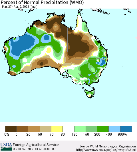 Australia Percent of Normal Precipitation (WMO) Thematic Map For 3/27/2023 - 4/2/2023
