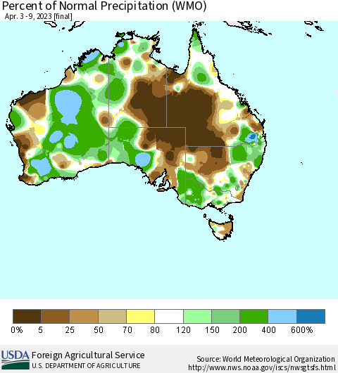 Australia Percent of Normal Precipitation (WMO) Thematic Map For 4/3/2023 - 4/9/2023