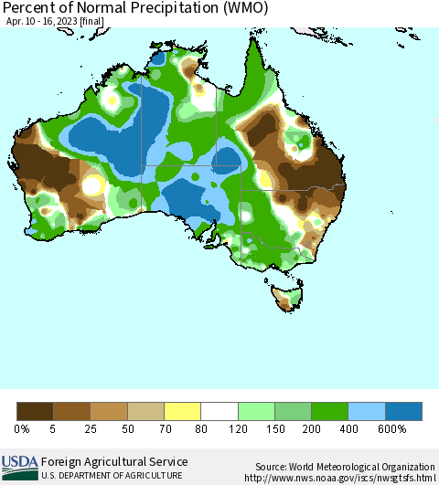 Australia Percent of Normal Precipitation (WMO) Thematic Map For 4/10/2023 - 4/16/2023