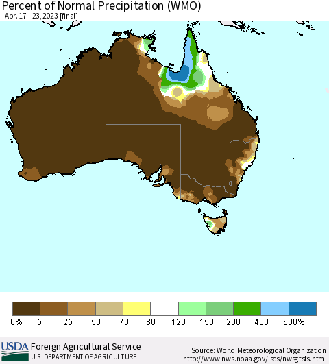 Australia Percent of Normal Precipitation (WMO) Thematic Map For 4/17/2023 - 4/23/2023