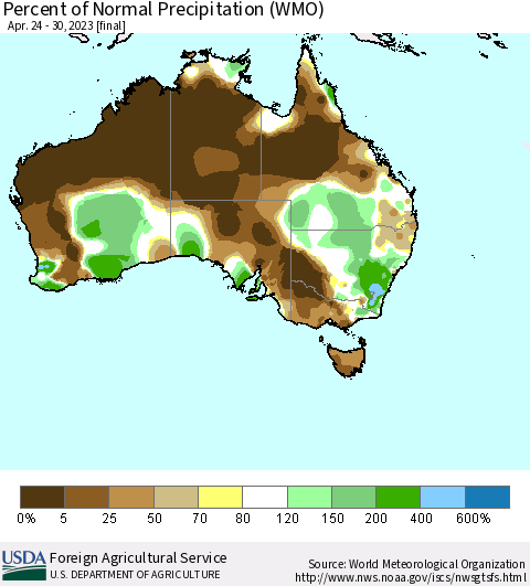 Australia Percent of Normal Precipitation (WMO) Thematic Map For 4/24/2023 - 4/30/2023