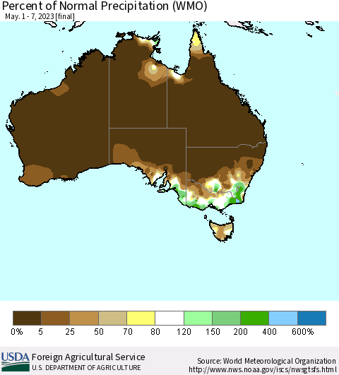 Australia Percent of Normal Precipitation (WMO) Thematic Map For 5/1/2023 - 5/7/2023