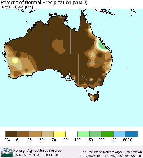Australia Percent of Normal Precipitation (WMO) Thematic Map For 5/8/2023 - 5/14/2023