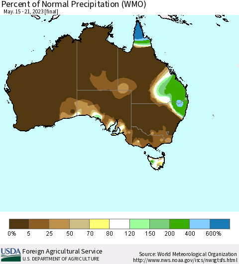 Australia Percent of Normal Precipitation (WMO) Thematic Map For 5/15/2023 - 5/21/2023