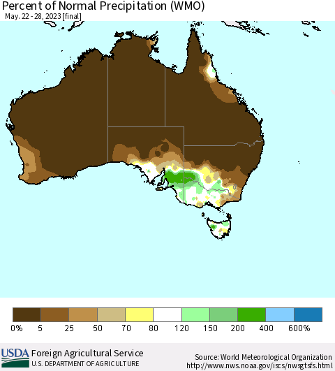 Australia Percent of Normal Precipitation (WMO) Thematic Map For 5/22/2023 - 5/28/2023