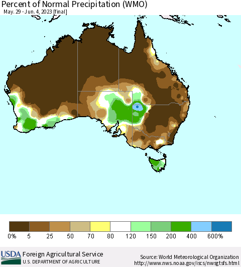 Australia Percent of Normal Precipitation (WMO) Thematic Map For 5/29/2023 - 6/4/2023