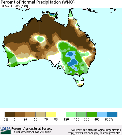 Australia Percent of Normal Precipitation (WMO) Thematic Map For 6/5/2023 - 6/11/2023