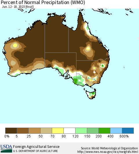 Australia Percent of Normal Precipitation (WMO) Thematic Map For 6/12/2023 - 6/18/2023
