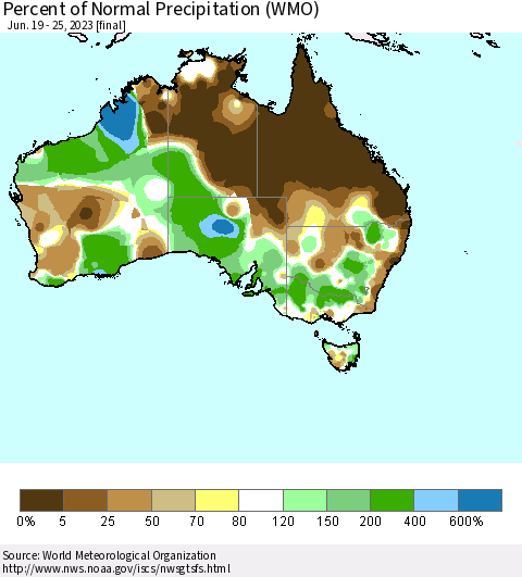 Australia Percent of Normal Precipitation (WMO) Thematic Map For 6/19/2023 - 6/25/2023