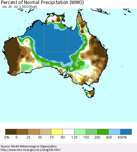 Australia Percent of Normal Precipitation (WMO) Thematic Map For 6/26/2023 - 7/2/2023
