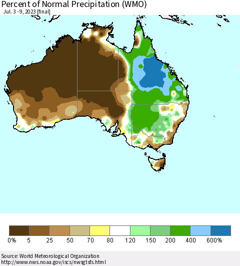 Australia Percent of Normal Precipitation (WMO) Thematic Map For 7/3/2023 - 7/9/2023