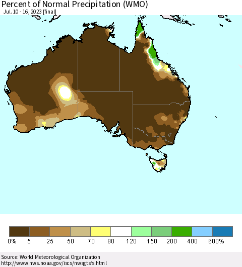 Australia Percent of Normal Precipitation (WMO) Thematic Map For 7/10/2023 - 7/16/2023