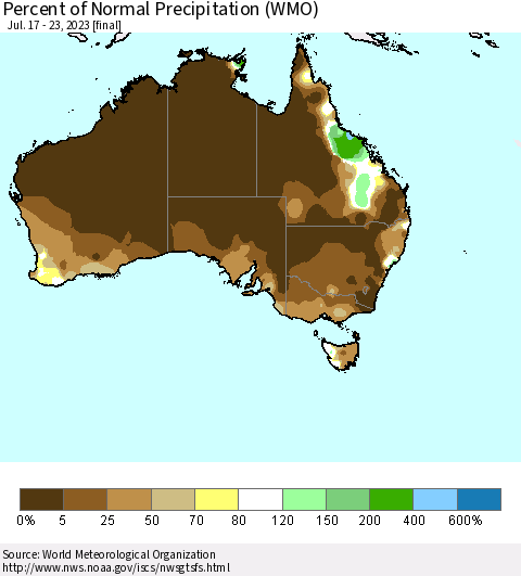 Australia Percent of Normal Precipitation (WMO) Thematic Map For 7/17/2023 - 7/23/2023