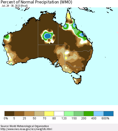 Australia Percent of Normal Precipitation (WMO) Thematic Map For 7/24/2023 - 7/30/2023