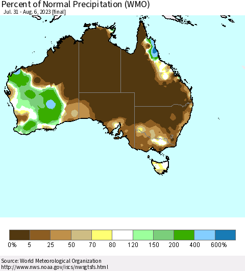 Australia Percent of Normal Precipitation (WMO) Thematic Map For 7/31/2023 - 8/6/2023