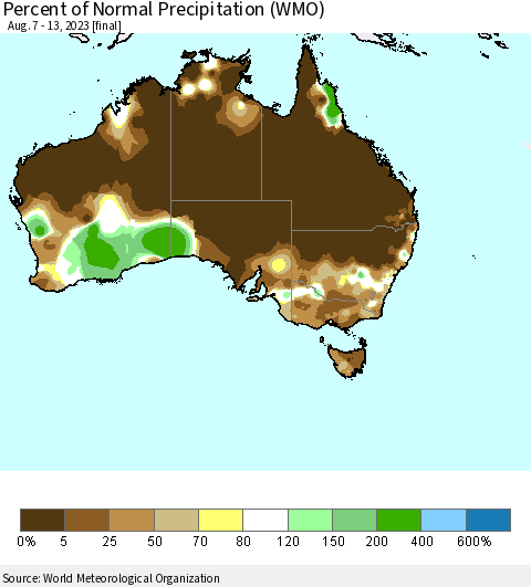 Australia Percent of Normal Precipitation (WMO) Thematic Map For 8/7/2023 - 8/13/2023