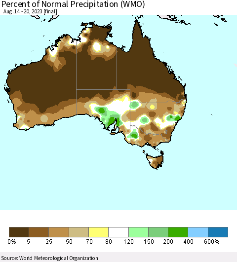 Australia Percent of Normal Precipitation (WMO) Thematic Map For 8/14/2023 - 8/20/2023