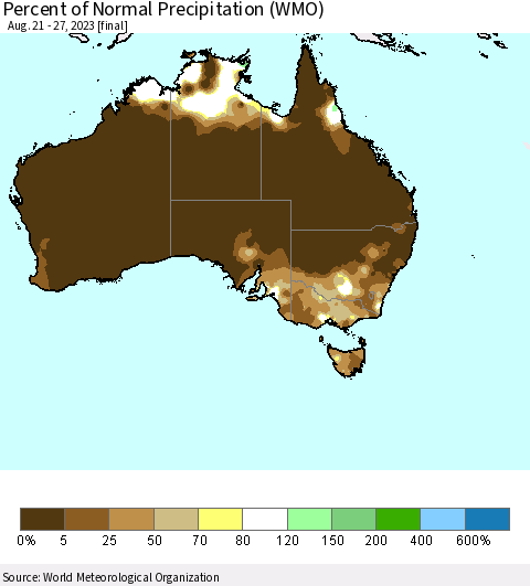 Australia Percent of Normal Precipitation (WMO) Thematic Map For 8/21/2023 - 8/27/2023