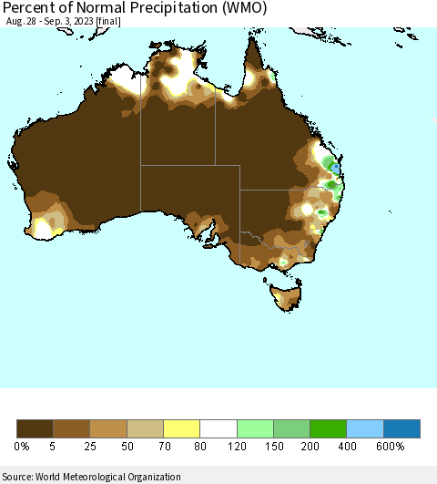 Australia Percent of Normal Precipitation (WMO) Thematic Map For 8/28/2023 - 9/3/2023