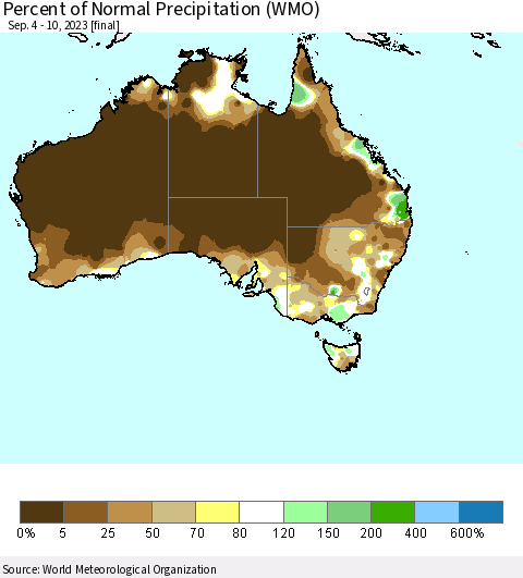 Australia Percent of Normal Precipitation (WMO) Thematic Map For 9/4/2023 - 9/10/2023