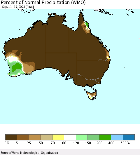 Australia Percent of Normal Precipitation (WMO) Thematic Map For 9/11/2023 - 9/17/2023