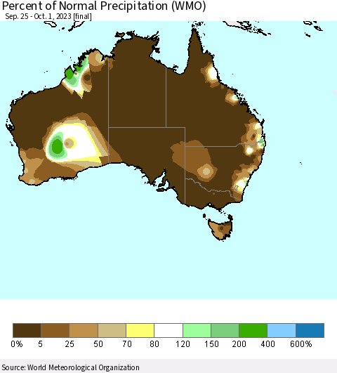 Australia Percent of Normal Precipitation (WMO) Thematic Map For 9/25/2023 - 10/1/2023