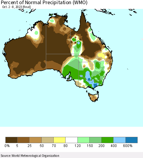 Australia Percent of Normal Precipitation (WMO) Thematic Map For 10/2/2023 - 10/8/2023