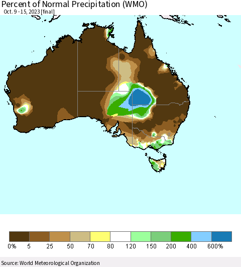 Australia Percent of Normal Precipitation (WMO) Thematic Map For 10/9/2023 - 10/15/2023
