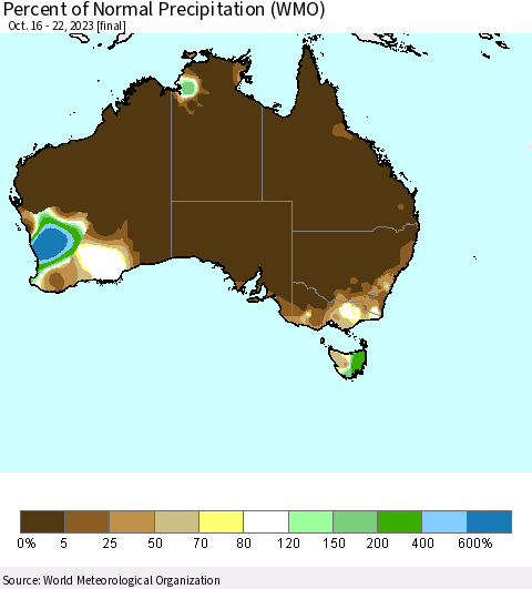 Australia Percent of Normal Precipitation (WMO) Thematic Map For 10/16/2023 - 10/22/2023