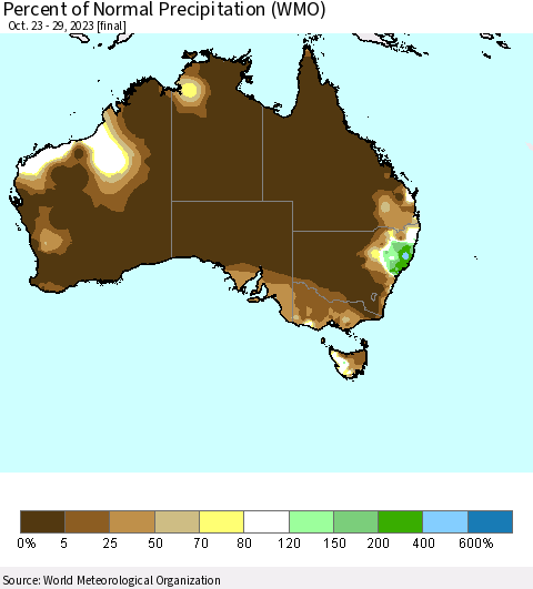 Australia Percent of Normal Precipitation (WMO) Thematic Map For 10/23/2023 - 10/29/2023