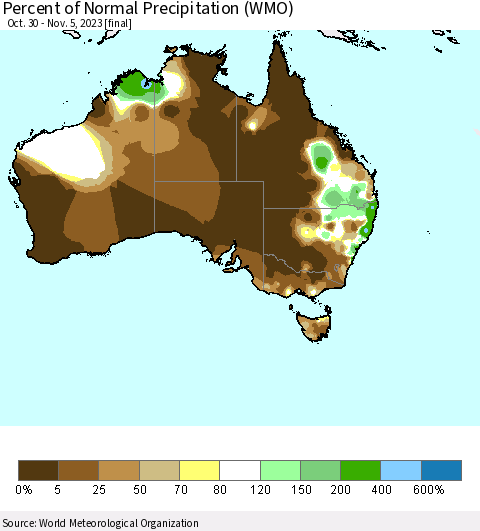 Australia Percent of Normal Precipitation (WMO) Thematic Map For 10/30/2023 - 11/5/2023