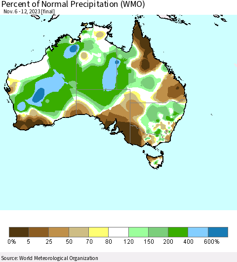 Australia Percent of Normal Precipitation (WMO) Thematic Map For 11/6/2023 - 11/12/2023