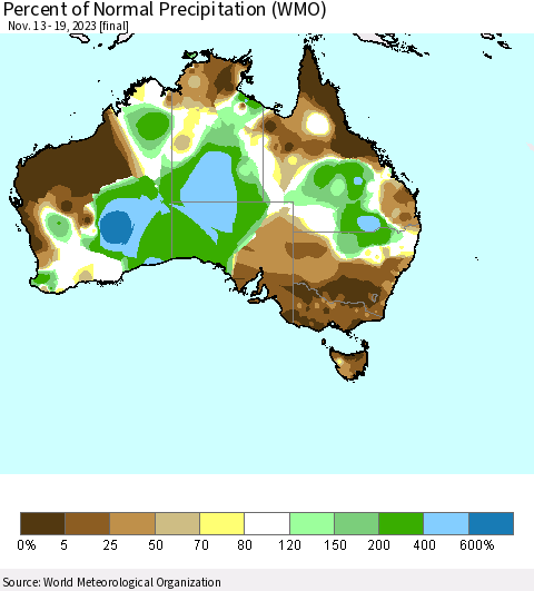 Australia Percent of Normal Precipitation (WMO) Thematic Map For 11/13/2023 - 11/19/2023