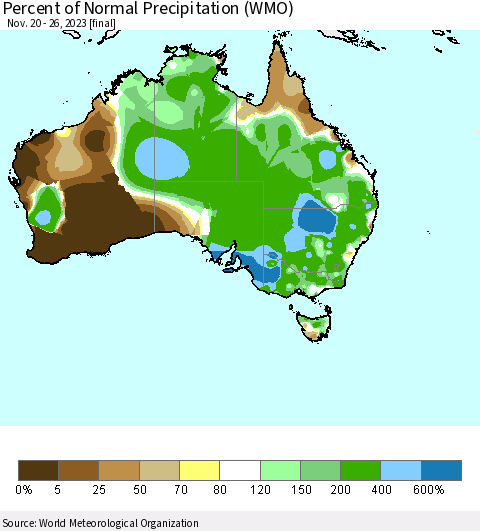 Australia Percent of Normal Precipitation (WMO) Thematic Map For 11/20/2023 - 11/26/2023