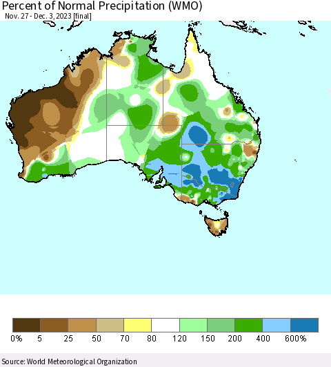Australia Percent of Normal Precipitation (WMO) Thematic Map For 11/27/2023 - 12/3/2023