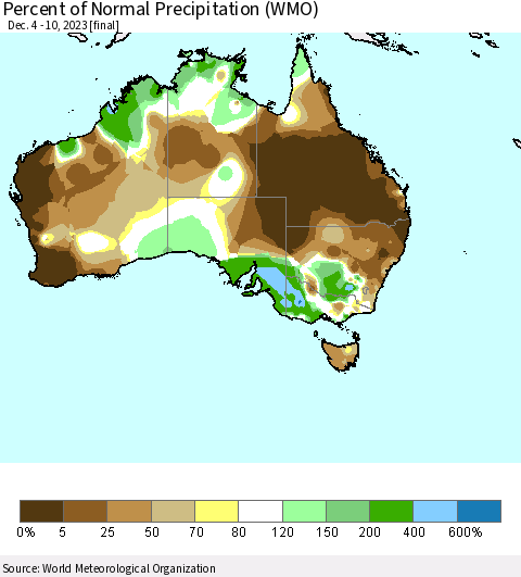 Australia Percent of Normal Precipitation (WMO) Thematic Map For 12/4/2023 - 12/10/2023