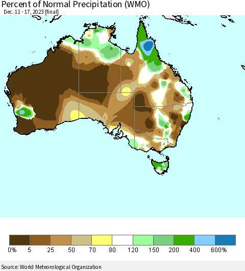 Australia Percent of Normal Precipitation (WMO) Thematic Map For 12/11/2023 - 12/17/2023