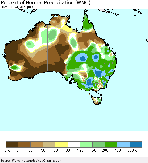 Australia Percent of Normal Precipitation (WMO) Thematic Map For 12/18/2023 - 12/24/2023