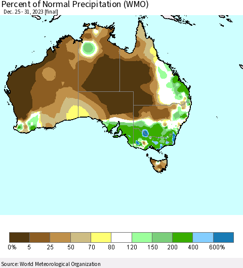 Australia Percent of Normal Precipitation (WMO) Thematic Map For 12/25/2023 - 12/31/2023