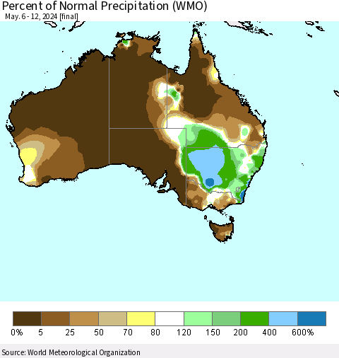 Australia Percent of Normal Precipitation (WMO) Thematic Map For 5/6/2024 - 5/12/2024