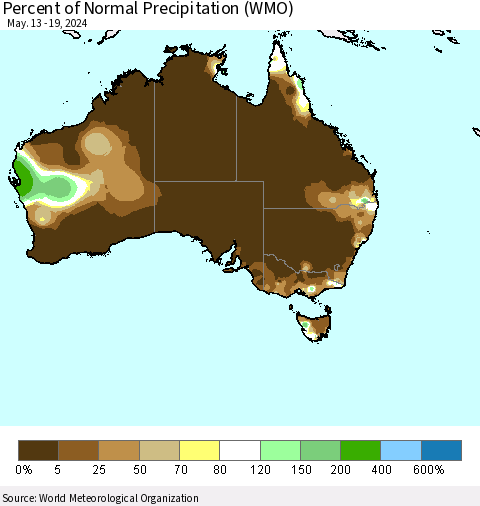 Australia Percent of Normal Precipitation (WMO) Thematic Map For 5/13/2024 - 5/19/2024