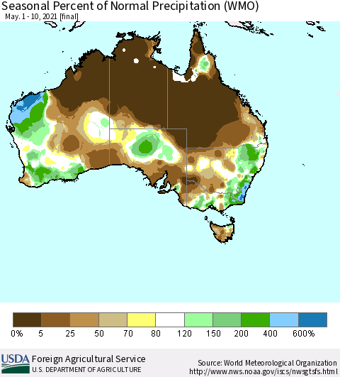 Australia Seasonal Percent of Normal Precipitation (WMO) Thematic Map For 5/1/2021 - 5/10/2021