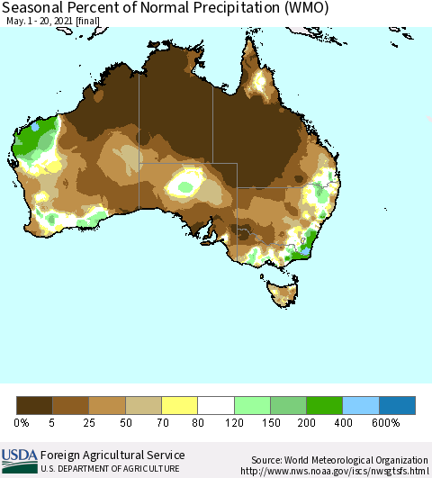 Australia Seasonal Percent of Normal Precipitation (WMO) Thematic Map For 5/1/2021 - 5/20/2021