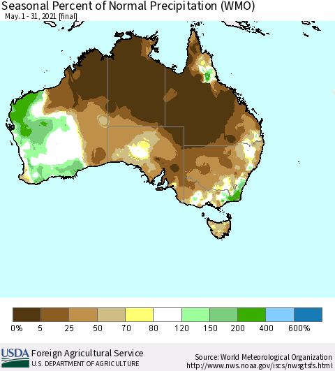 Australia Seasonal Percent of Normal Precipitation (WMO) Thematic Map For 5/1/2021 - 5/31/2021
