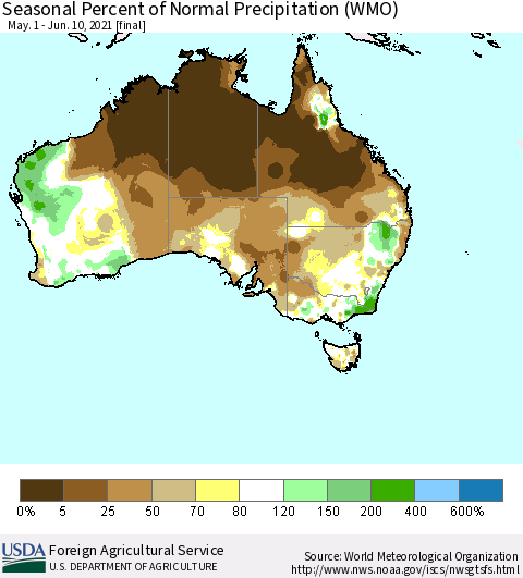 Australia Seasonal Percent of Normal Precipitation (WMO) Thematic Map For 5/1/2021 - 6/10/2021