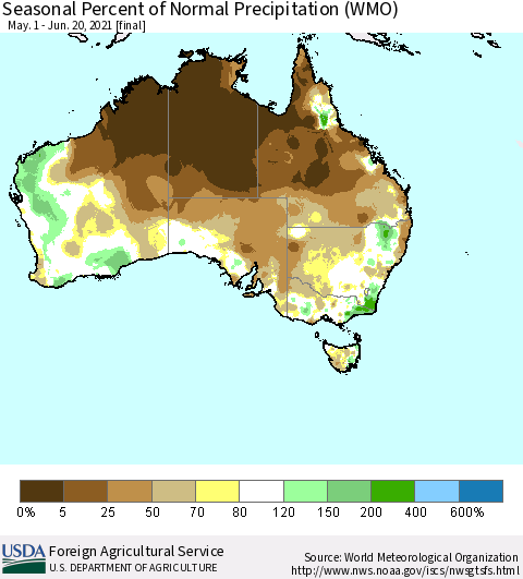 Australia Seasonal Percent of Normal Precipitation (WMO) Thematic Map For 5/1/2021 - 6/20/2021