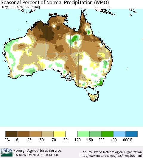 Australia Seasonal Percent of Normal Precipitation (WMO) Thematic Map For 5/1/2021 - 6/30/2021