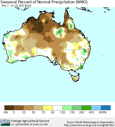 Australia Seasonal Percent of Normal Precipitation (WMO) Thematic Map For 5/1/2021 - 7/10/2021